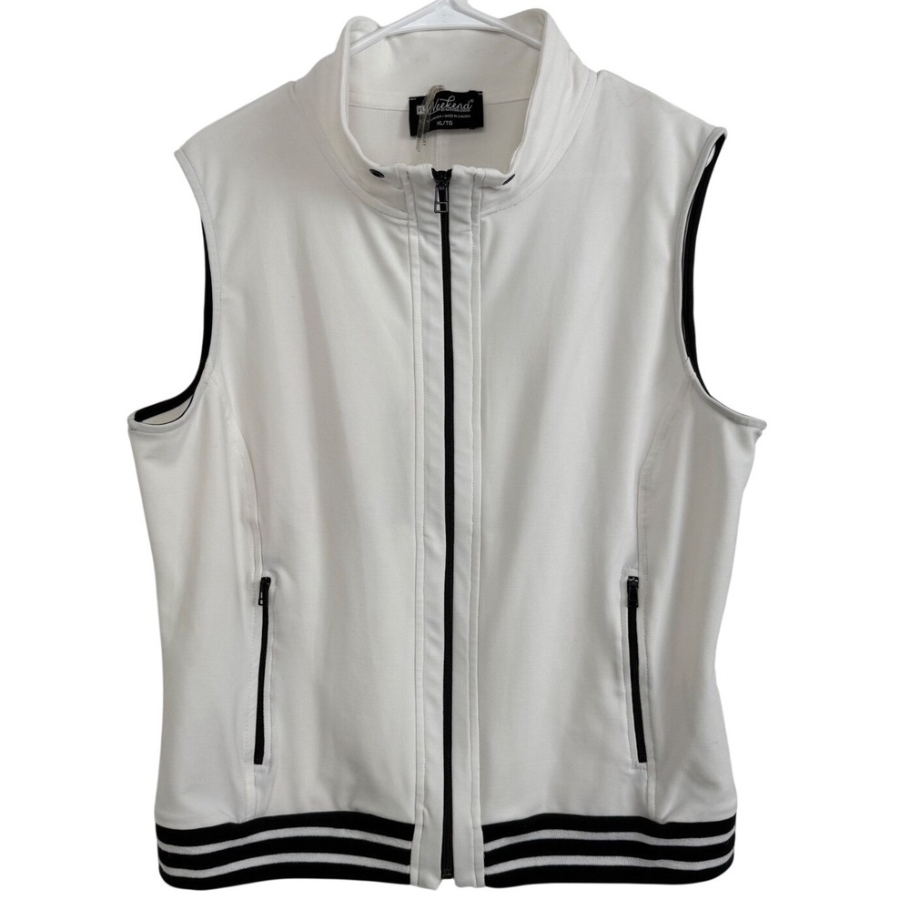 Frank Lyman Weekend White Zip Up Vest Black Striped Trim Mock Neck XL